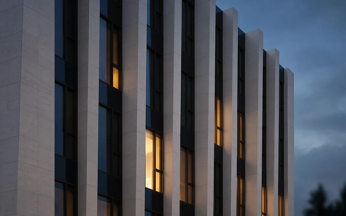 Moderne Villenfassade mit warm beleuchteten Fenstern in der Abenddämmerung
