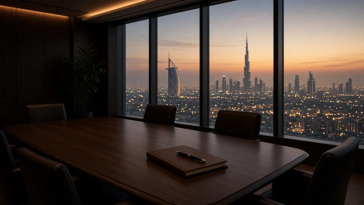 Besprechungsraum mit dunklem Holztisch vor der Skyline von Dubai in der Dämmerung