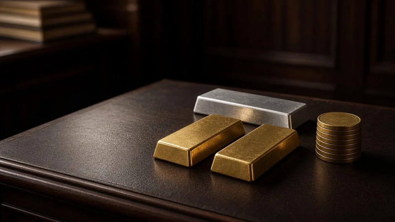 Goldbarren, ein Silberbarren und ein Stapel Goldmünzen auf einem dunklen Ledertisch