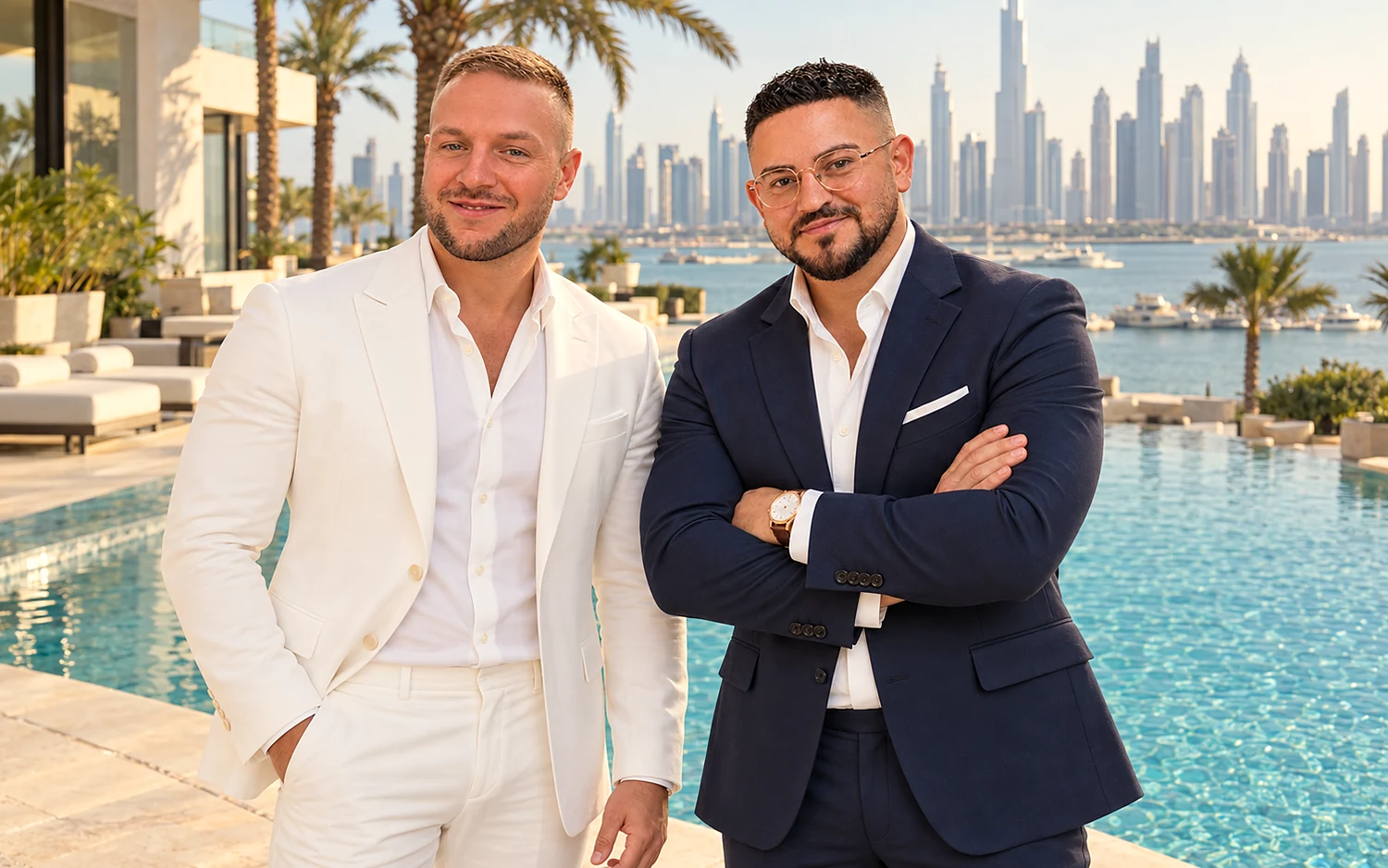 Dennis Wollenberg und Adrian Kaatz an einem Pool vor der Skyline der Dubai Marina